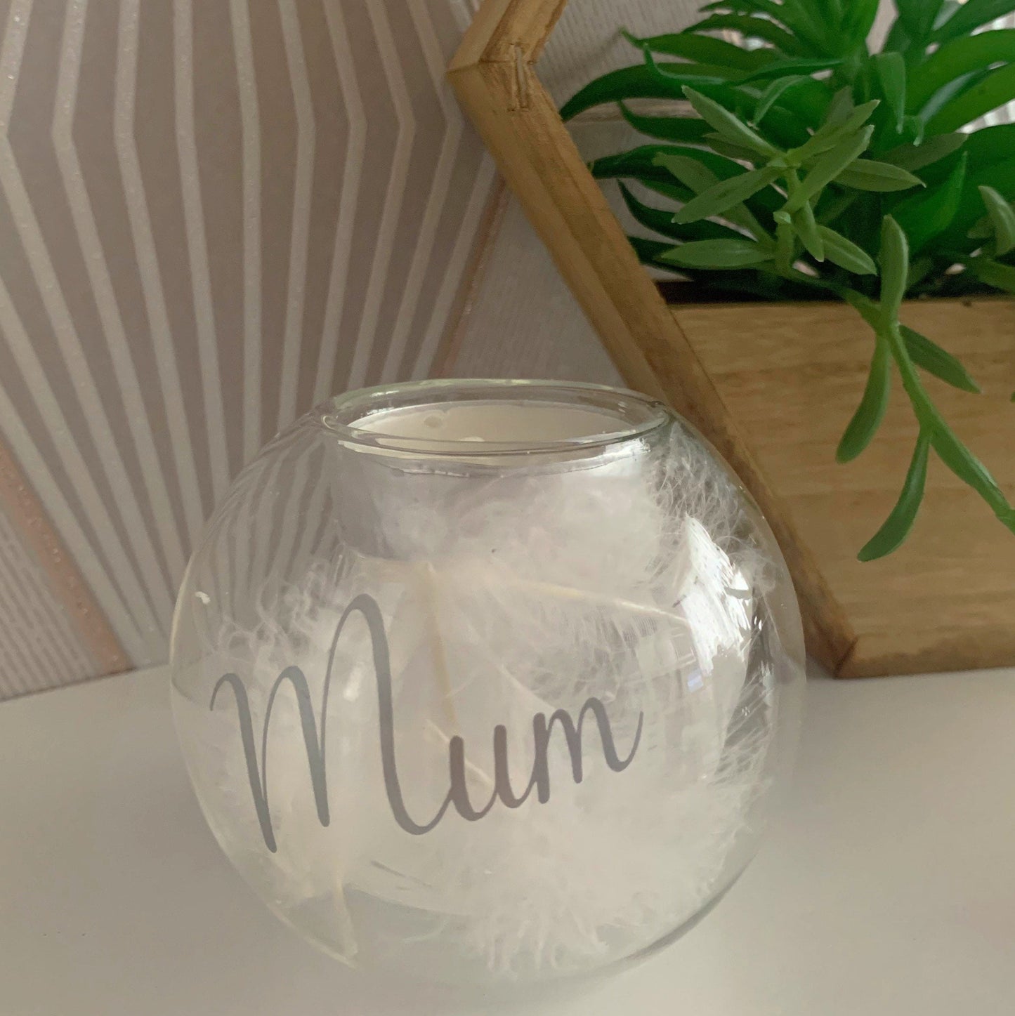 Feather Filled Glass Tealight Holder In Memory Of Gift