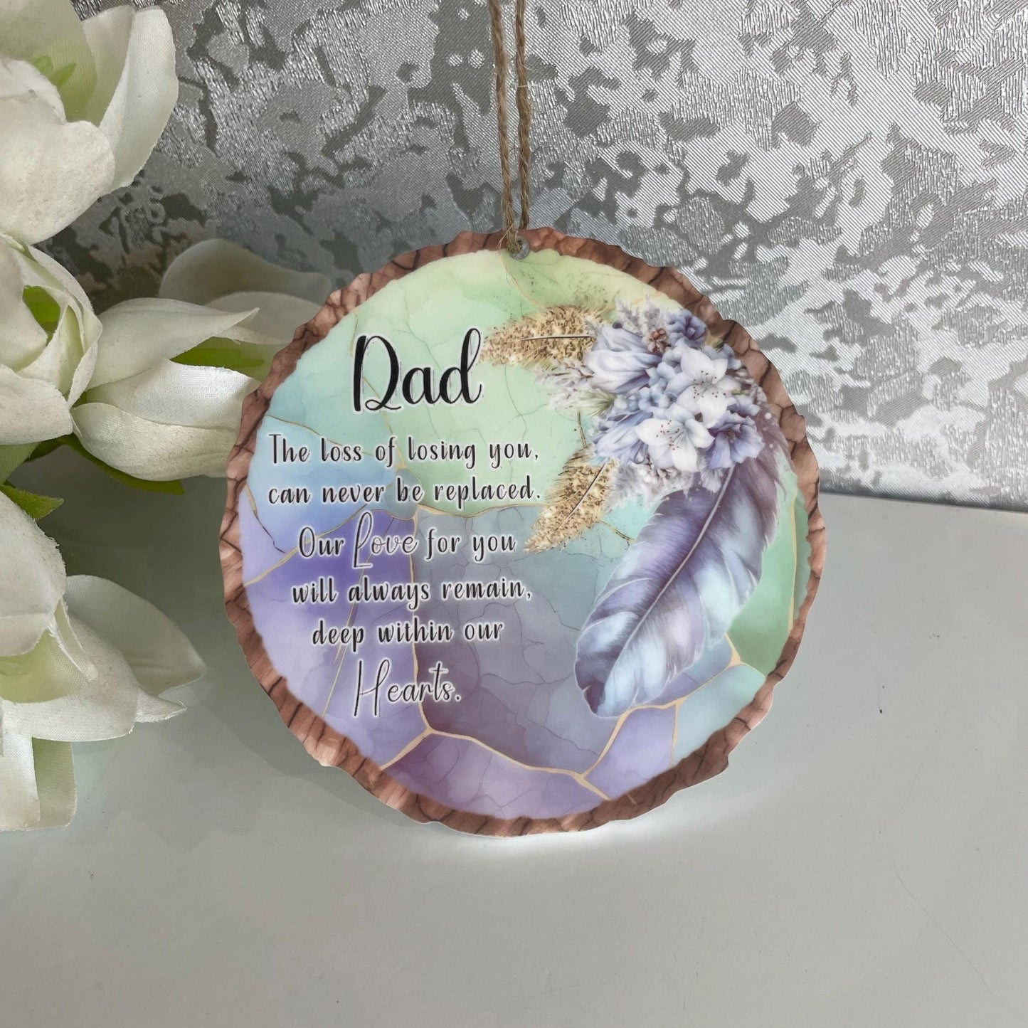 Memorial Feather Log Slice Decoration