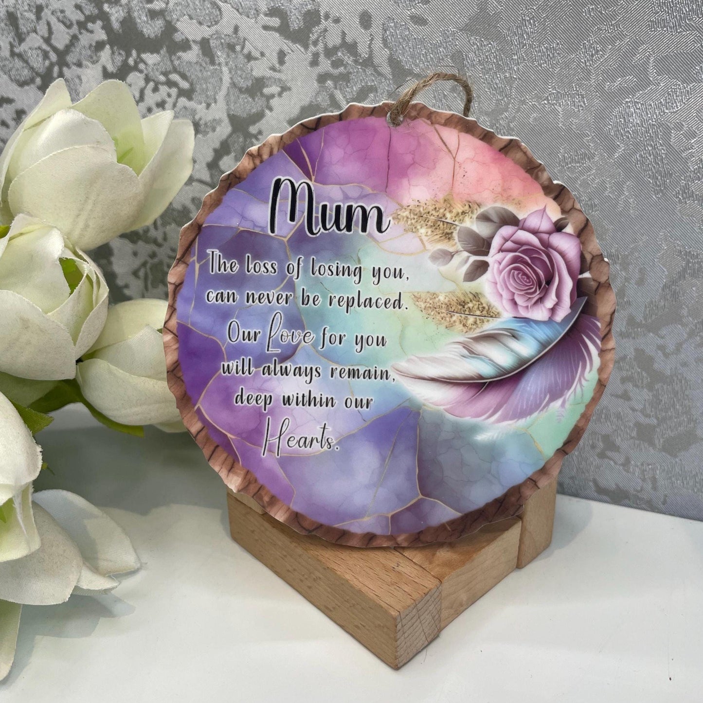 Memorial Feather Log Slice Decoration