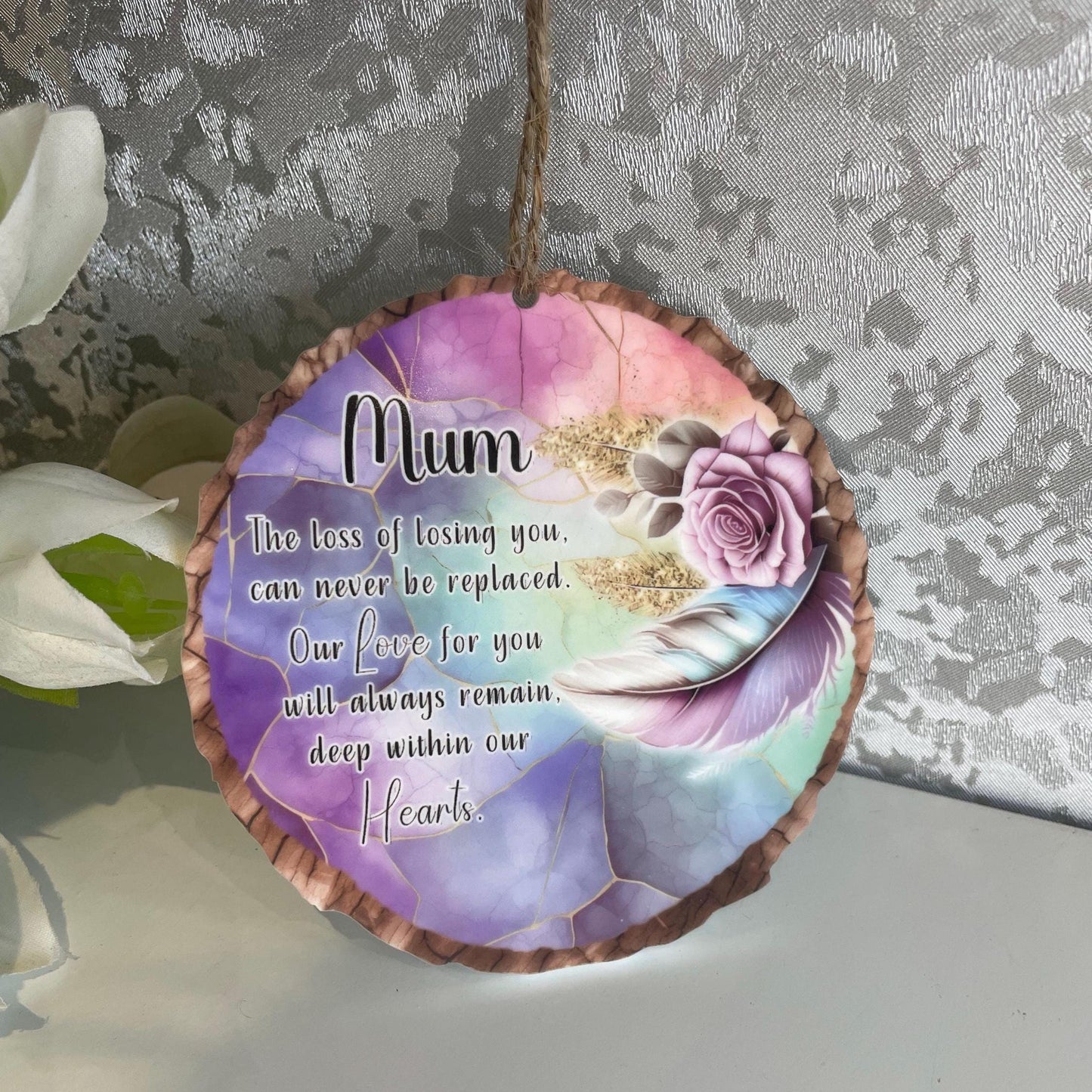 Memorial Feather Log Slice Decoration