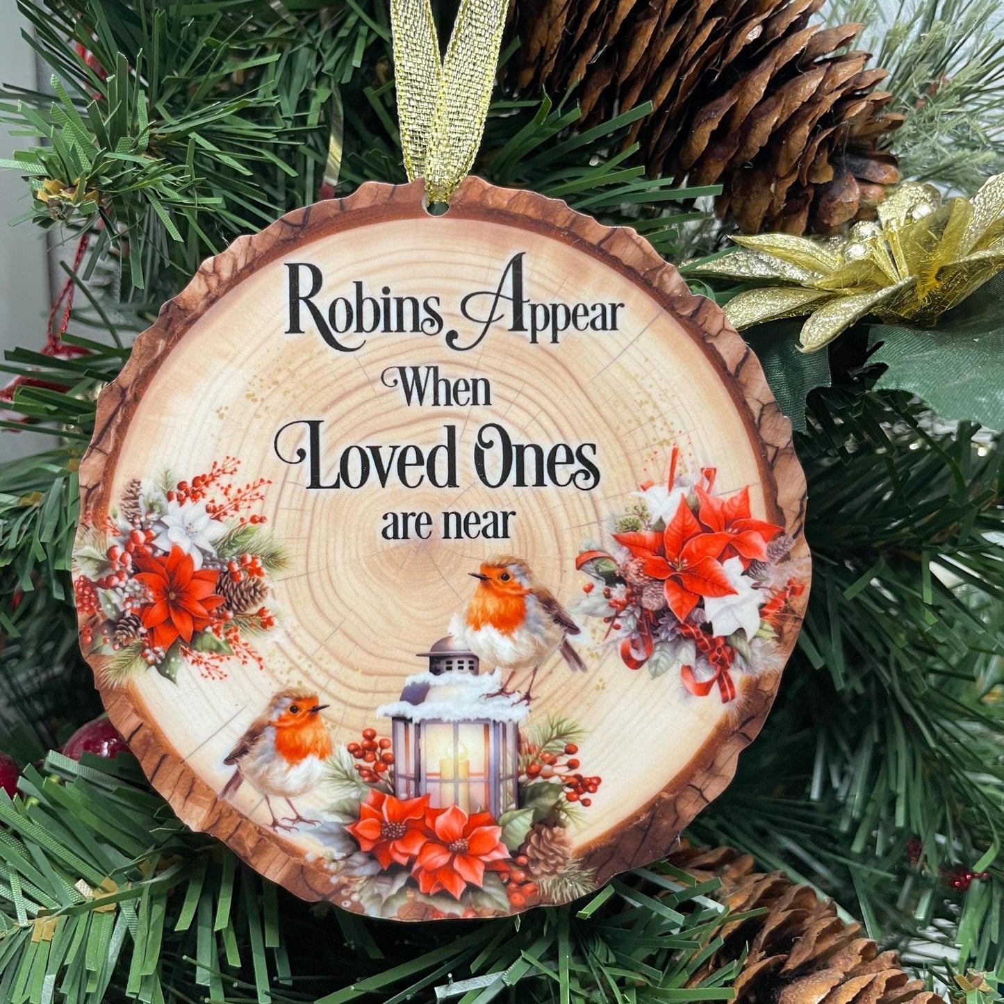 Robins Appear Log Slice Bauble