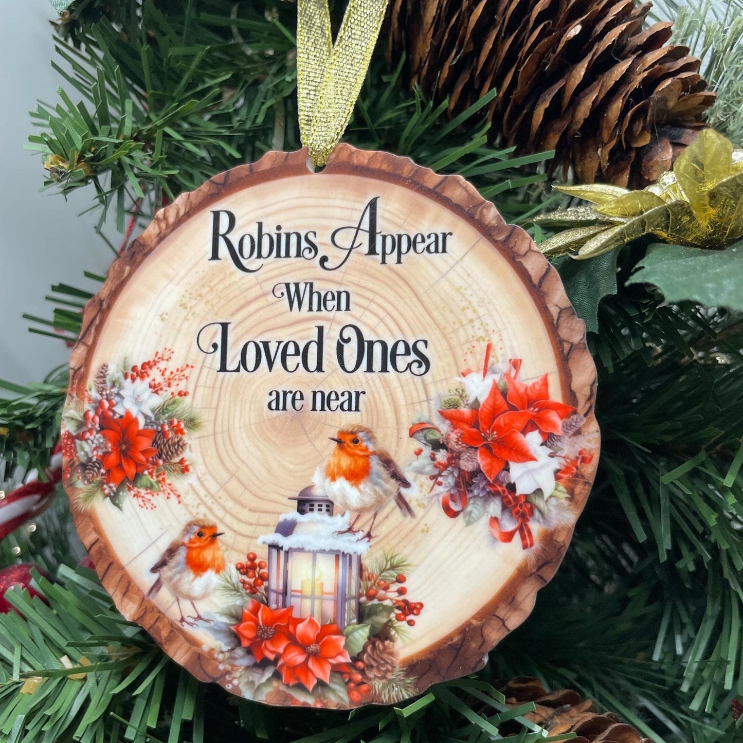 Robins Appear Log Slice Bauble