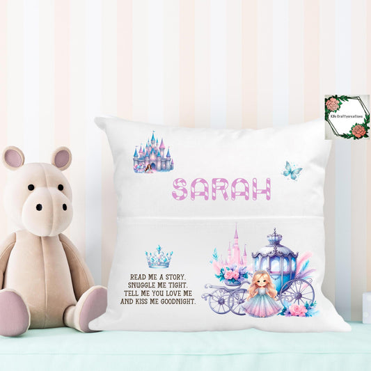 Personalized pillow with 'SARAH' and fairy tale design next to a plush toy on a light background
