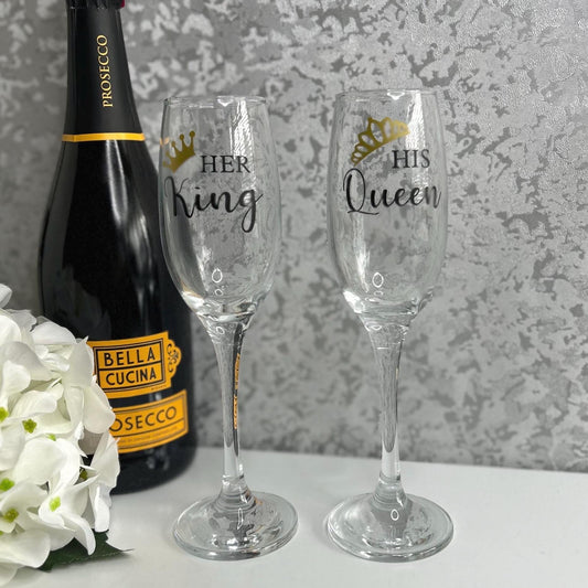 Her King & His Queen Champagne Flute Glasses