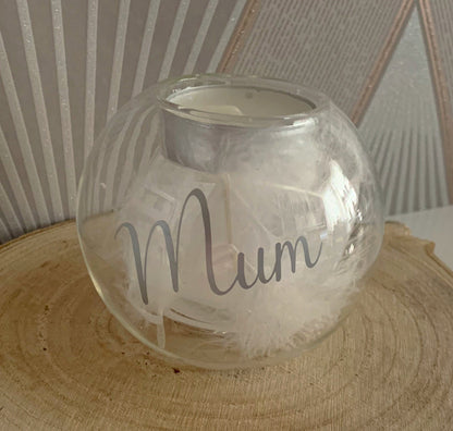 Feather Filled Glass Tealight Holder In Memory Of Gift