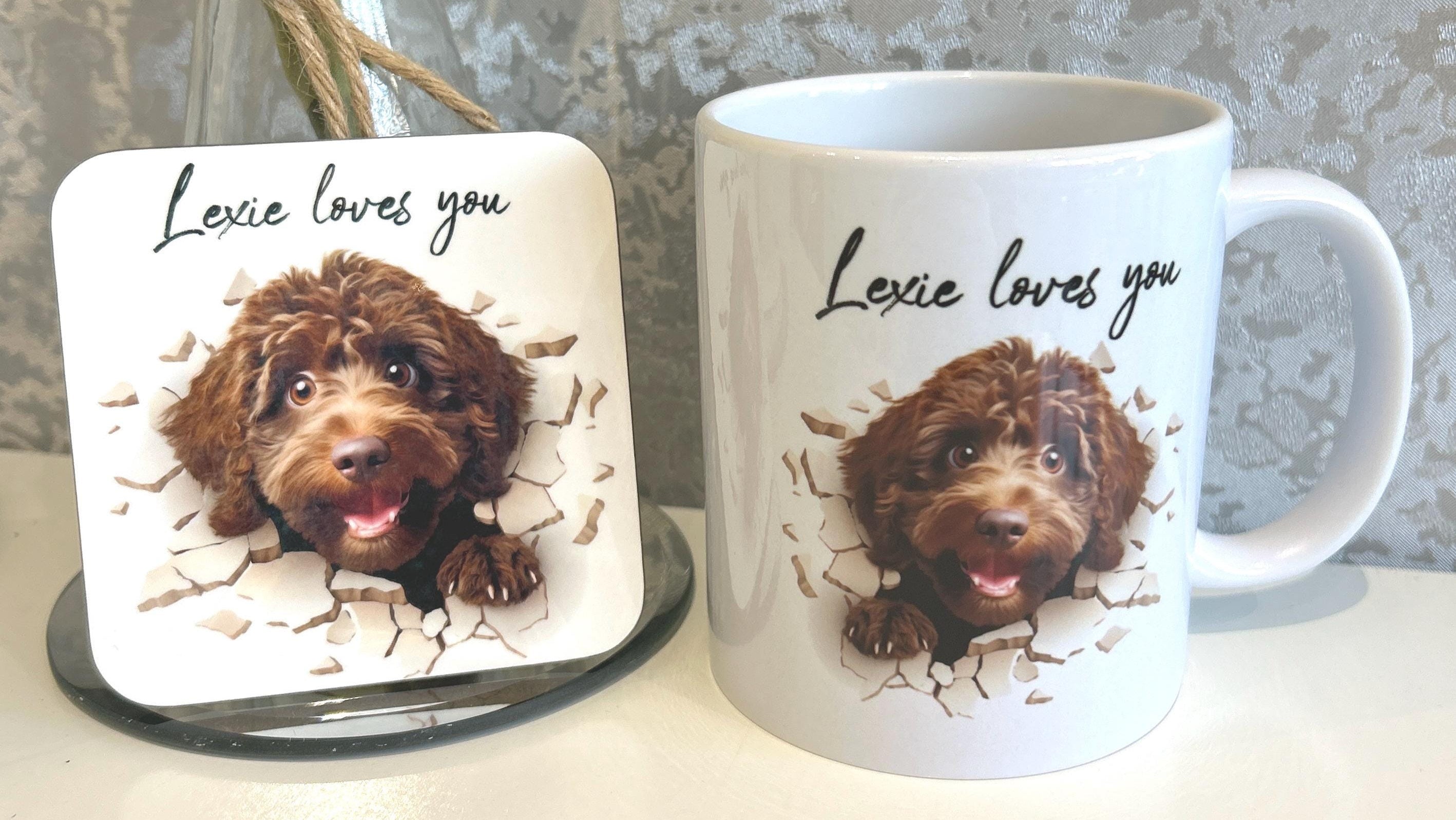 Mug and coaster set with a dog illustration and 'Lexie loves you' text on a decorative background.