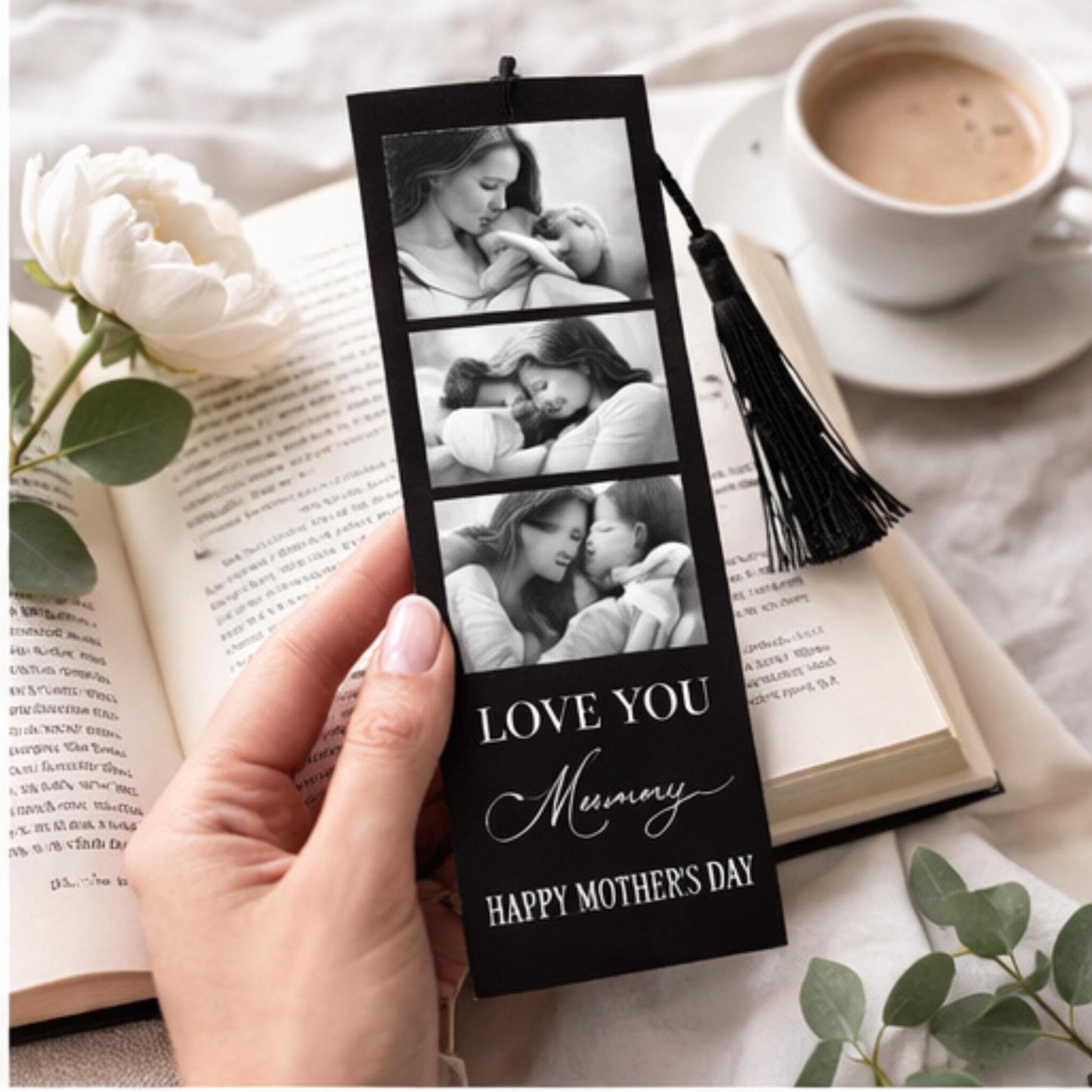 Black and White Personalised Photo Collage Bookmark for Mum