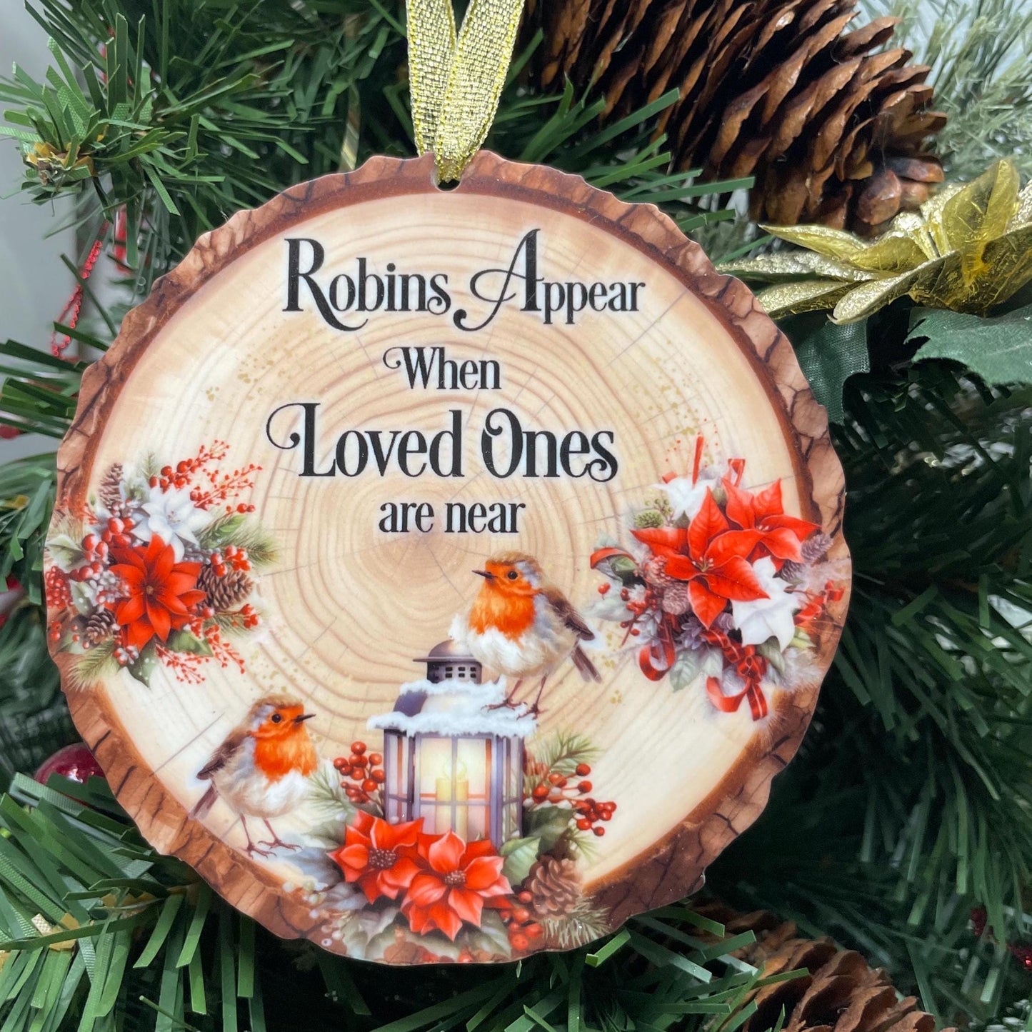 Robins Appear Log Slice Bauble