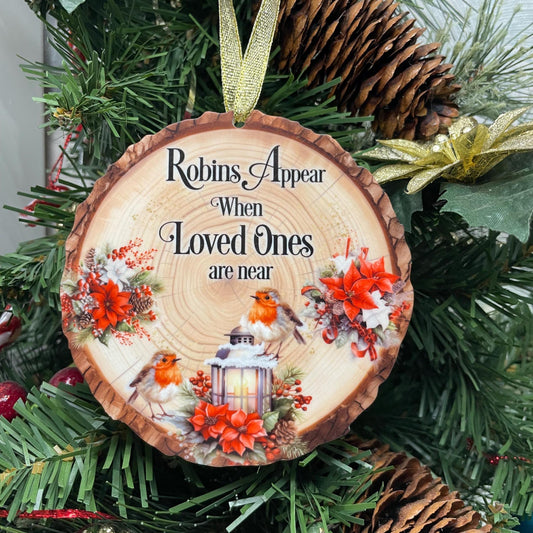 Robins Appear Log Slice Bauble