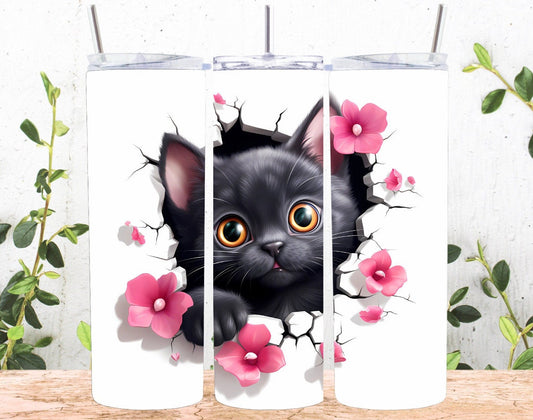 Tumbler with a black cat peeking through a cracked wall surrounded by pink flowers on a white background.